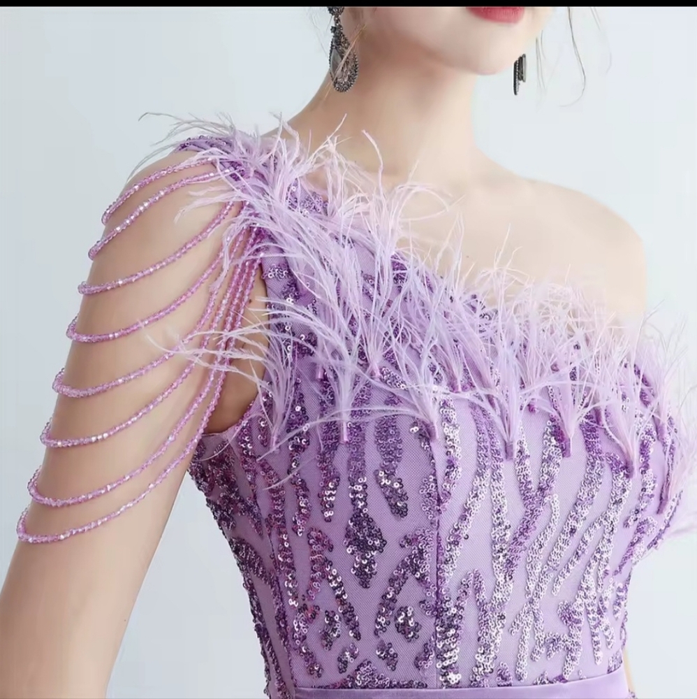 Purple,  Geo Print, Assymmetrical Neck,  Ostrich Feather, Beaded,  Sequined Gown - Picture 13 of 16